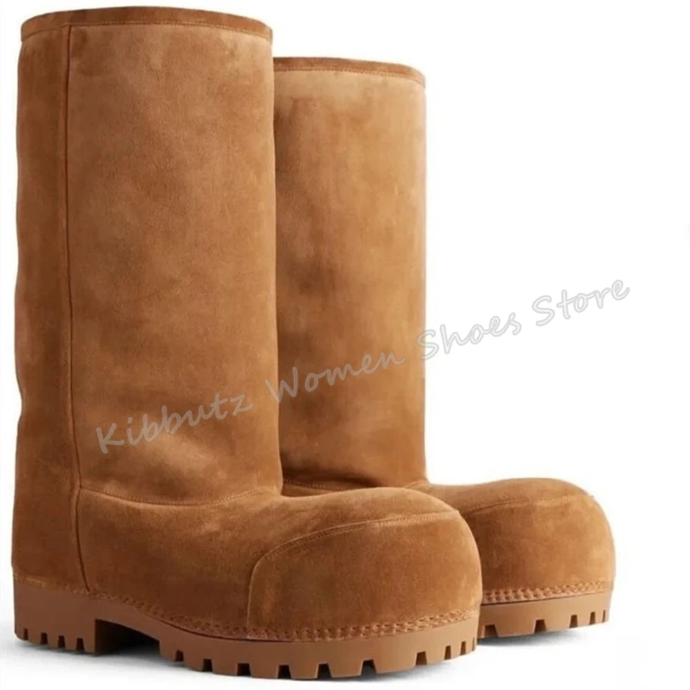 Suede Warm Winter Snow Boots Knee High Big Round Toe Flat With Outdoor Fashion Concise Luxury Sexy Novelty Slip-On Shoes Newest