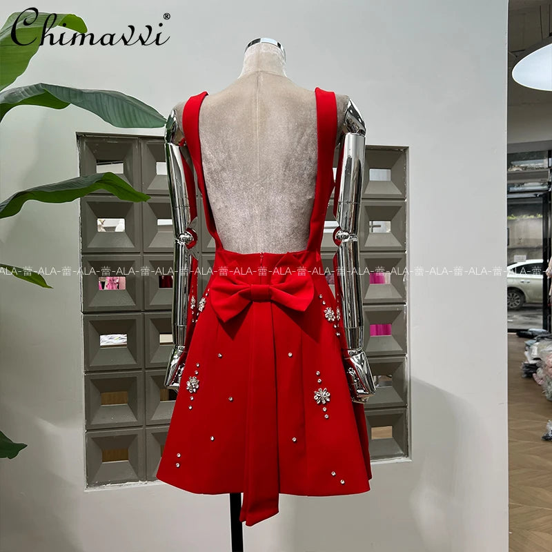 High-end Light Luxury Party Dress 2025 Summer Clothes New Heavy Industry Diamond Square Collar Waist Halter Bow Short Dress