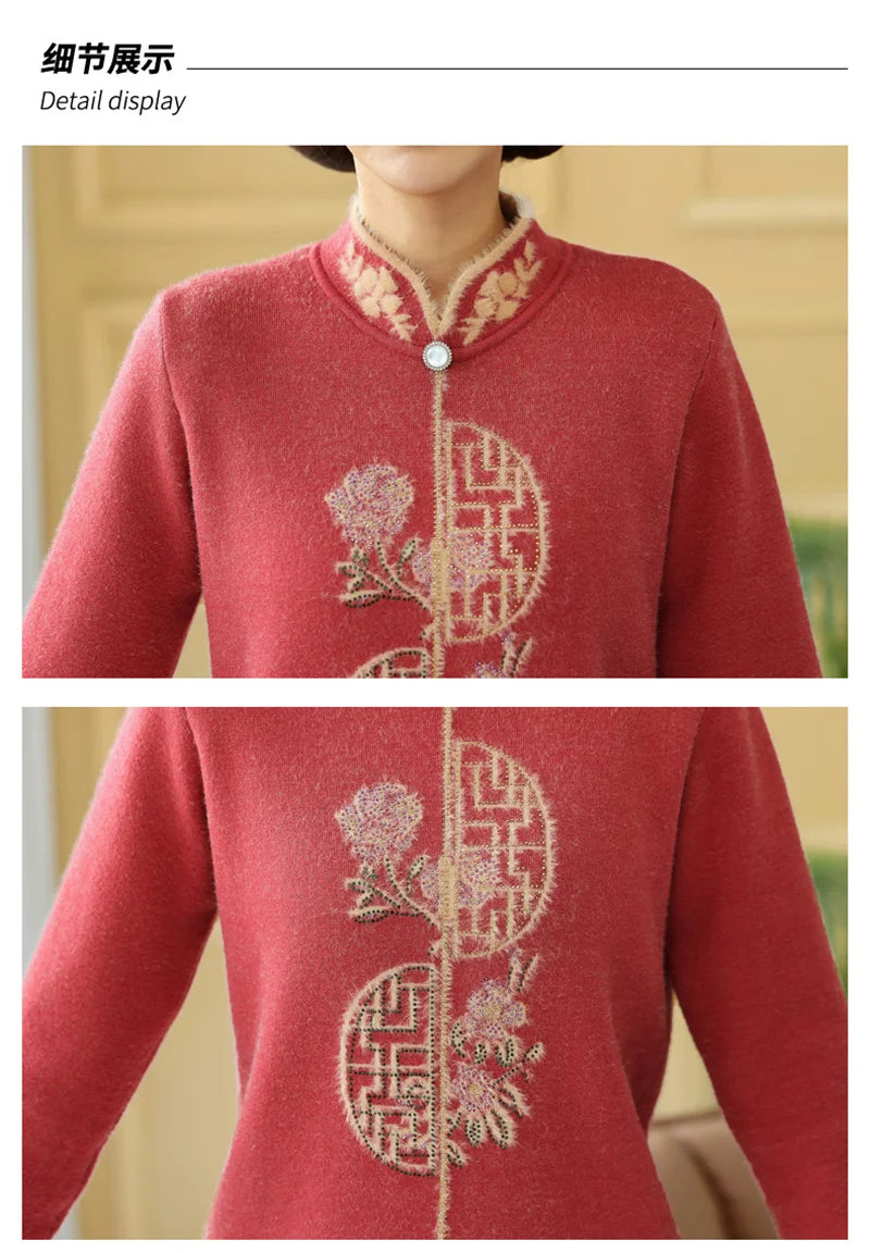 2025 Autumn New Mom's Velvet And Warm Knitted Embroidered Bottom Shirts Imitation Mink Fleece Winter Inner Plsh Thick Pullover