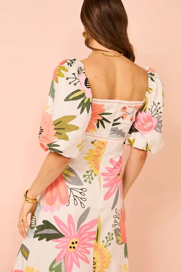 Summer Dress Elegant Women Flower Printed Maxi Dress High Waisted Short Sleeve Square Collar 2025 Summer Fashion Holiday Dresses