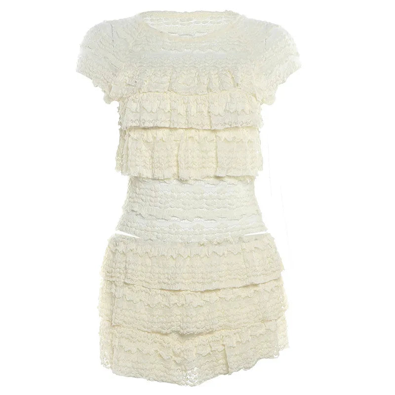 Two Piece Women Crop Top And Mini Skirt Matching Set 2024 New Summer Fashion Sexy White Lace Ruffle Ruched Skirts Outfits