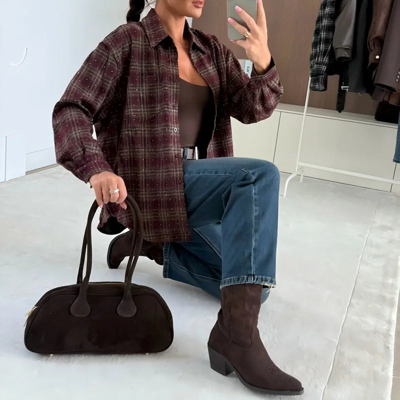 Fashion New Women's Lapel Pocket Coat Vintage Plaid Printed Long Sleeved Shirt Casual Street Wear Single Breasted Office T-shirt