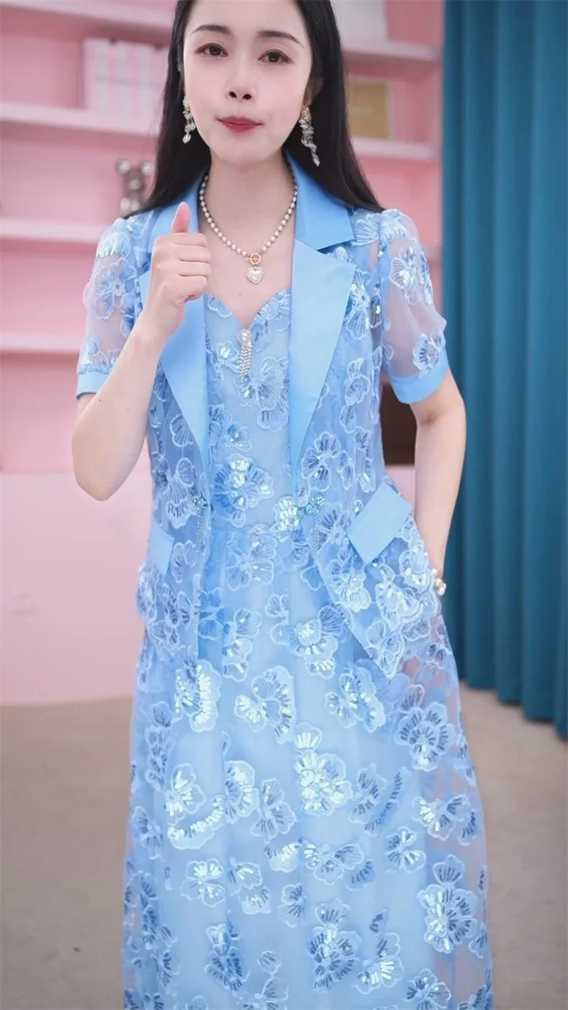Lace Dress Women's High end Luxury Lady Two Piece Sets Silk Dress Suit Jacket And Dress 2023 Summer Waist Slim Long A-line Dress