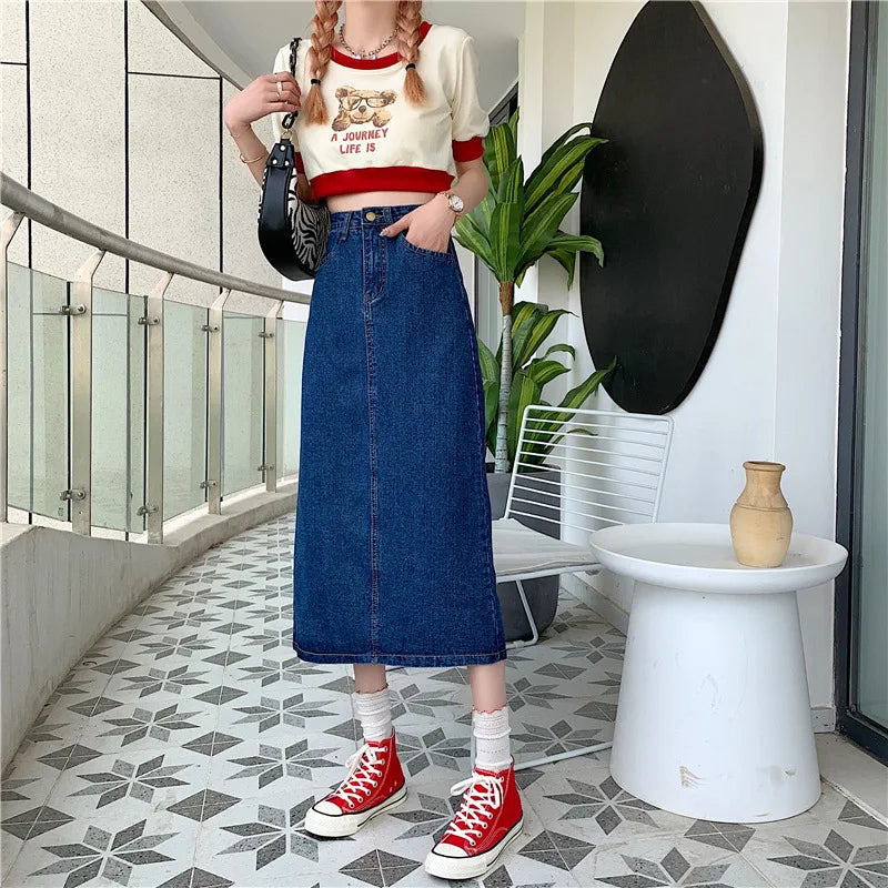 New 2022 Spring-Autumn Medium-Length Denim Skirt For Women High-Waisted Slimming Plus Size Curvy Girls A- Line Hip Covering Skir