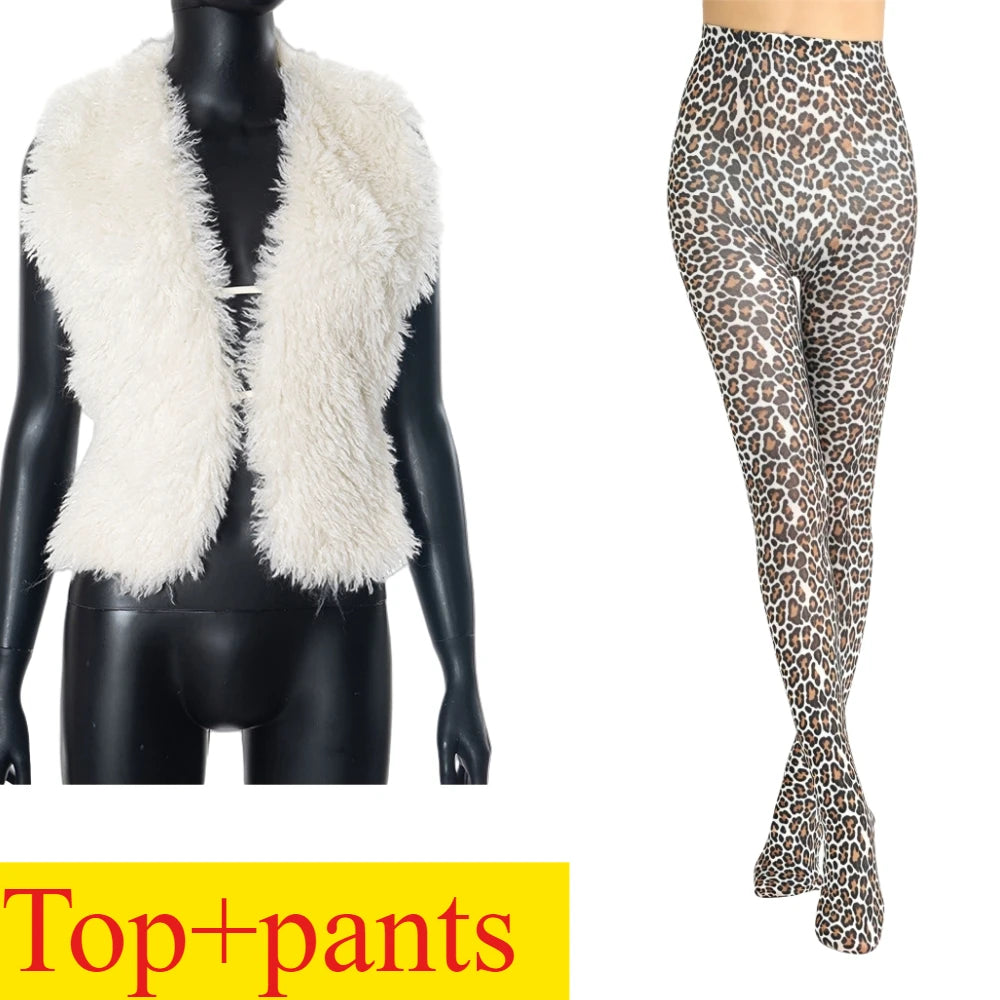 FAGADOER Sexy Fur Patchwork Woman 2 Piece Set Outfit Deep V Backless Lace Up Crop Top + Leopard Print Pants Female Streetwear