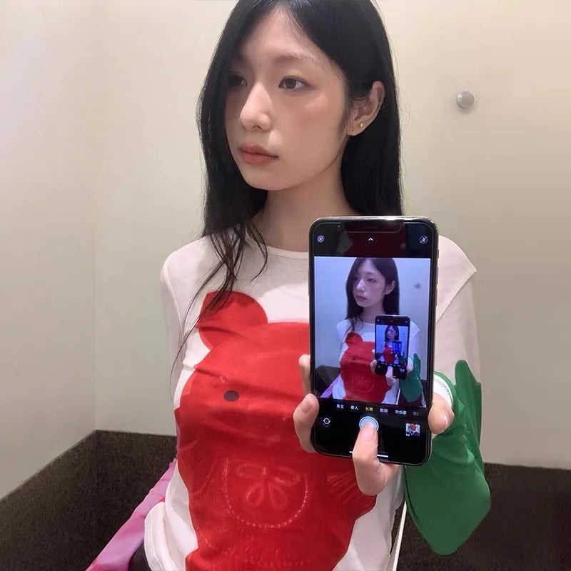 Karrram Y2k Aesthetics Mesh Tops Japanese Harajuku Cartoon Print T-shirt 2000s Vintage Cute T Shirt Korean Style Dopamine Tops