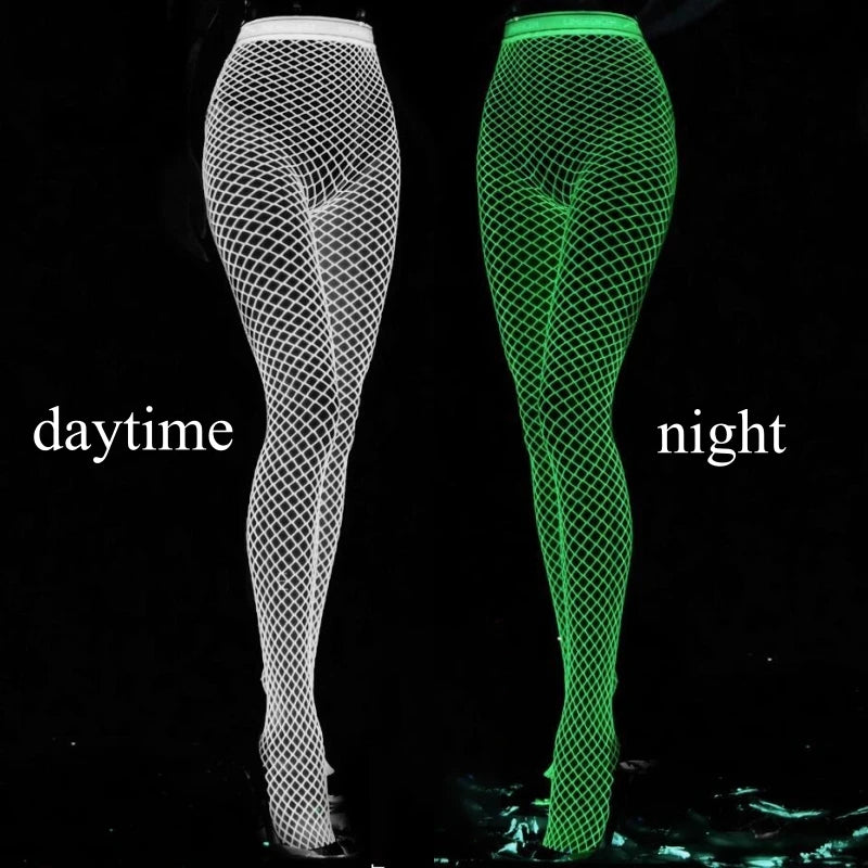 Woman Flash Luminous Fishnet Stockings Open Crotch Pantyhose Moving Mesh Leggings Tights Perspective Glow Dark Lingerie Gothic
