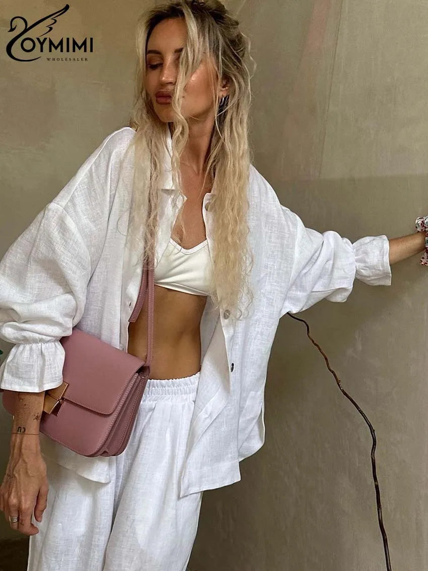 Oymimi Elegant White Cotton Sets For Women 2 Pieces Casual Lapel Long Sleeve Button Shirts And Ruffled Ankle-Length Pants Sets