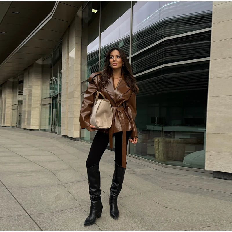 2025 Autumn Women's Jacket Vintage Laple Brown PU Leather Belt Pockets Jackets Female Fashion New Winter Loose Lady Streetwears