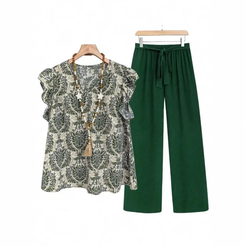 Casual 2 Piece Sets Women Outfit 2025 Summer Fashion Sleeveless Floral Print V-neck Shirts Tops And Pant Sets Elegant Suit