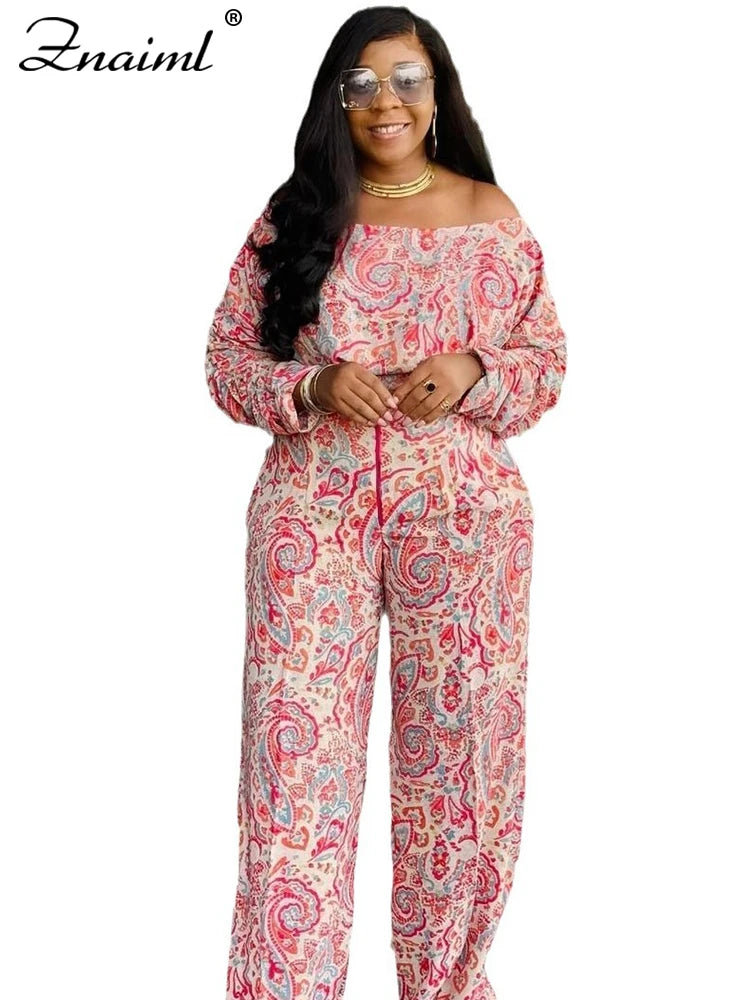 Znaiml Fashion Print 2 Pieces Pants Women's Sets Summer Off Shoulder Long Sleeve Crop Top and Wide Leg Trousers Suits Tracksuit