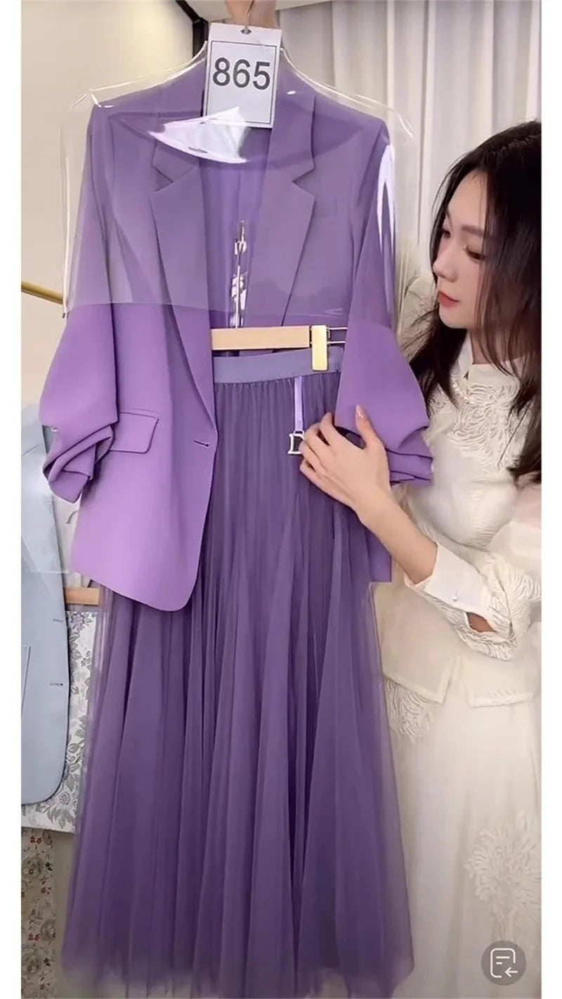 Female half Skirt Two Pieces Suit 2024 Spring Women Korean Dramas To Reduce Age Westernization Fashion Luxury Purple Suit Jacket