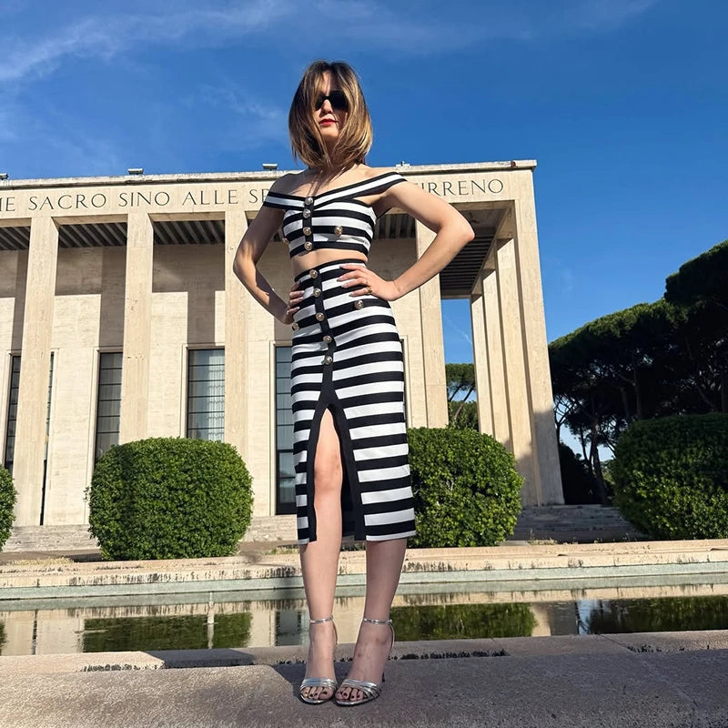 Striped Off Shoulder Sleeveless Two Piece Set For Women