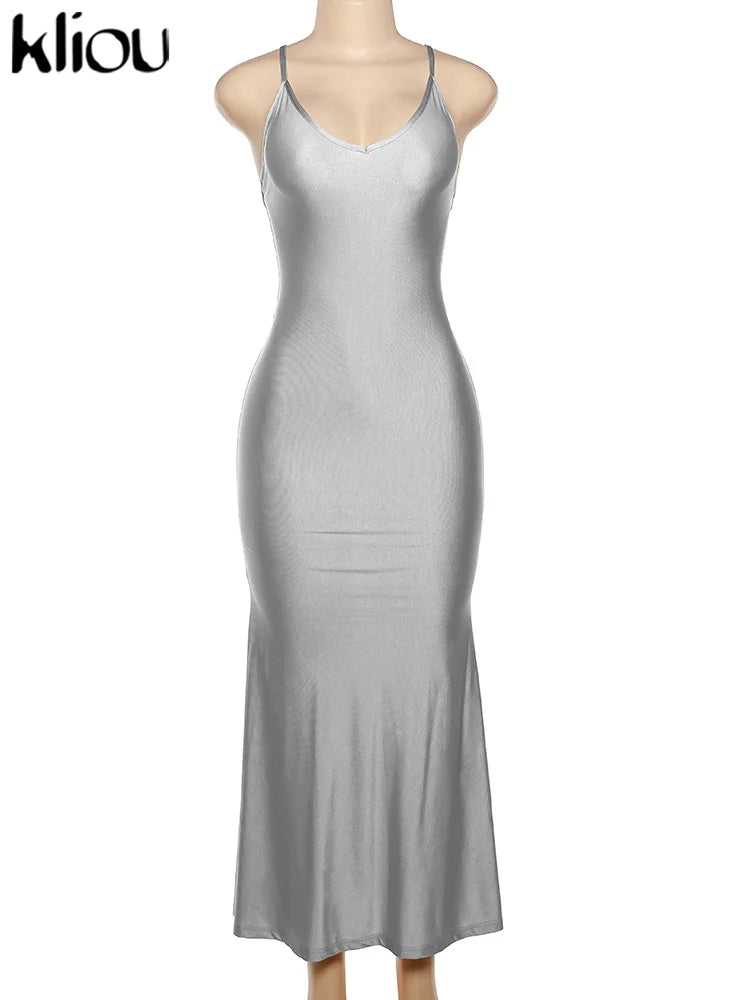 Shiny Spaghetti Strap Backless Ruched Maxi Dress for Women