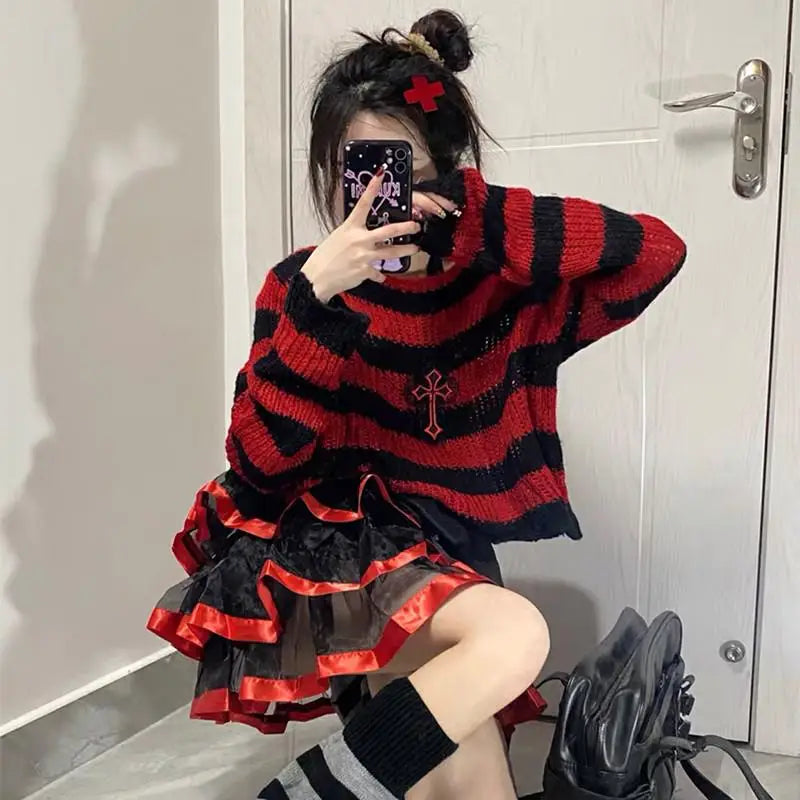 Karrram Pink Striped Gothic Sweaters Women Ripped Holes Loose Knitted Pullover Frayed Fairy Grunge Jumpers Emo Streetwear Lolita