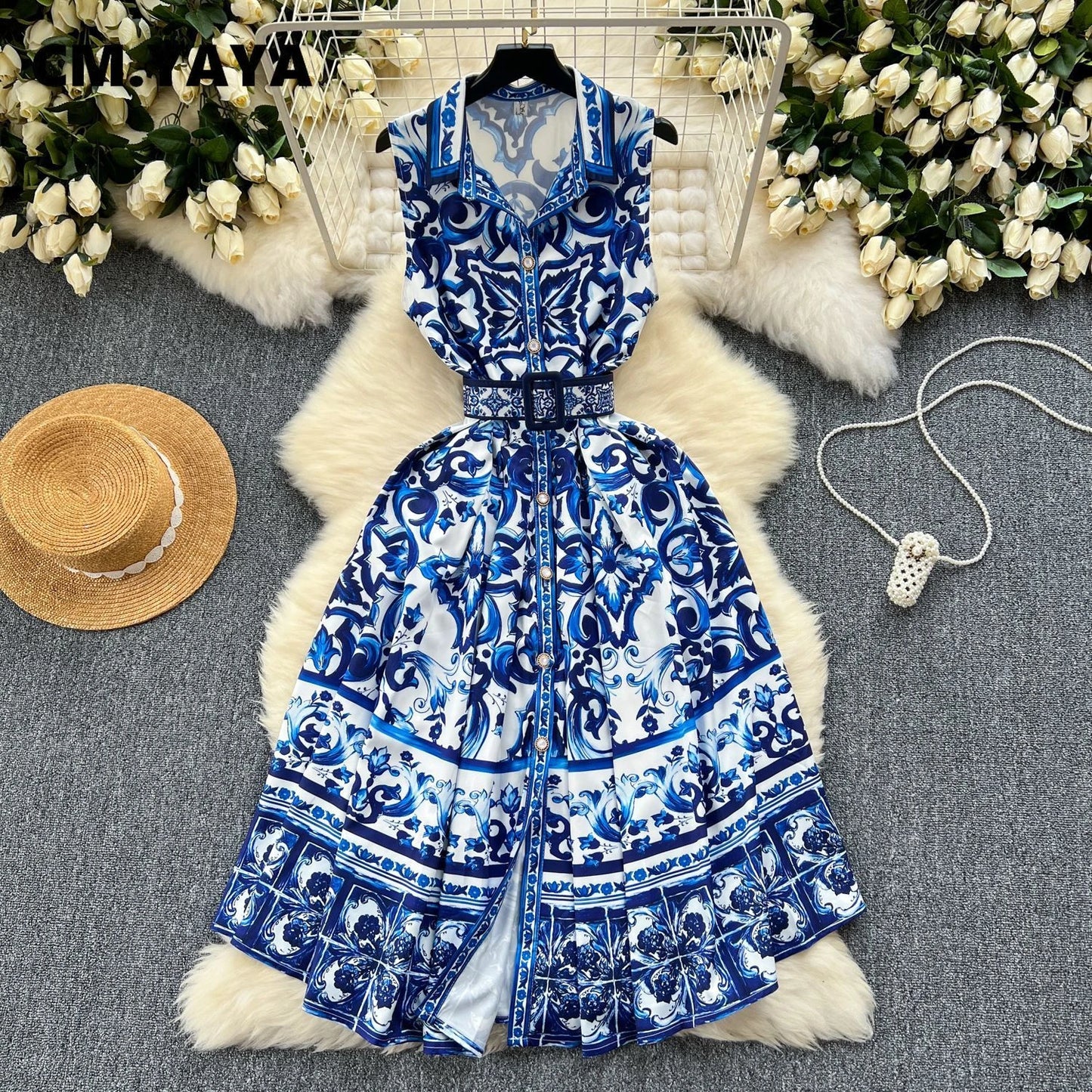CM.YAYA Women V-neck Elegant Sleeveless Midi Dress 2024 Summer Belt Court Style Streetwear Africa Party Club Dresses Vestidos