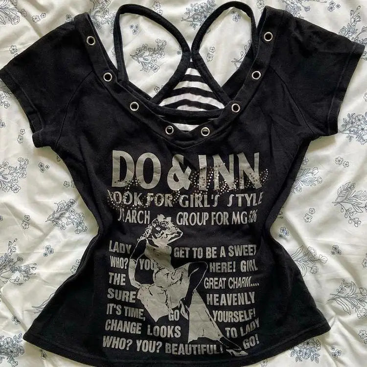 Millennial Retro Black Letter T-Shirt Gothic Rock Punk Short-sleeved Two-piece Set Harajuku Style Y2k Hip Hop Hot Girl Top