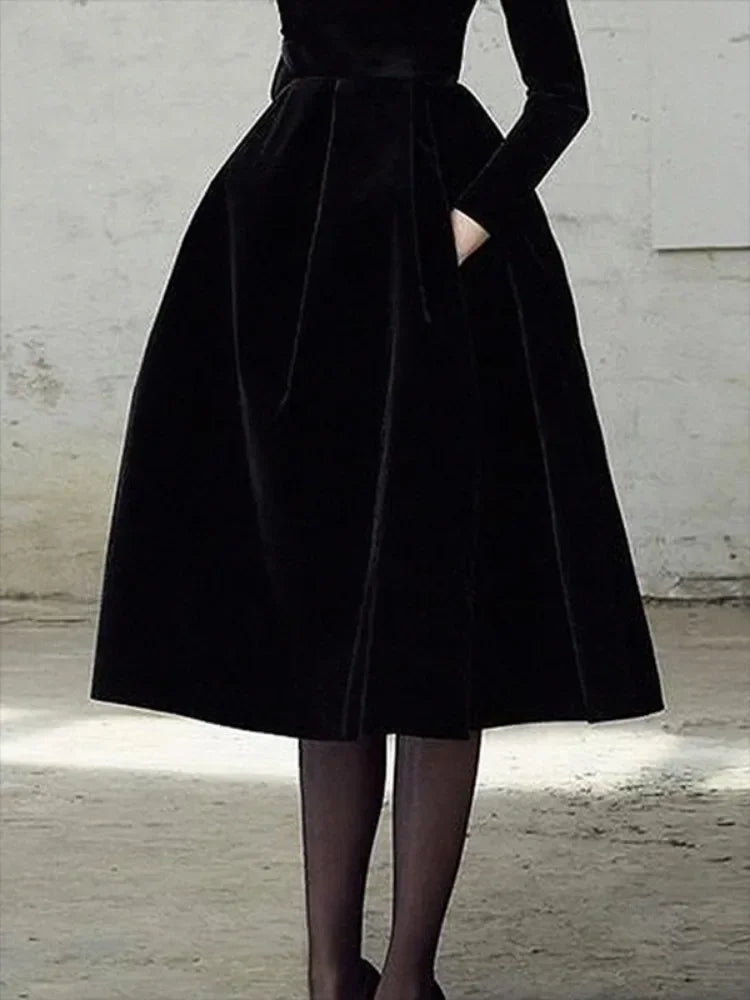 Beautyblue Womens Evening Dresses High Neck Midi Dress New Black Long Sleeves Elegant Party Dress for Female Casual Gathering