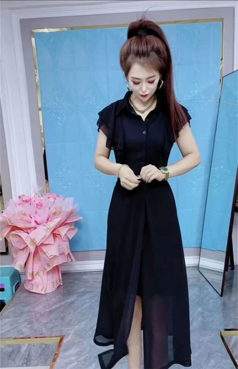 Fashion Dress Set Women's 2024 Summer New Polka Dot Style Sweet and Slim Ruffle Dress+Apron Two Piece Set Black V-Neck Dress Lad