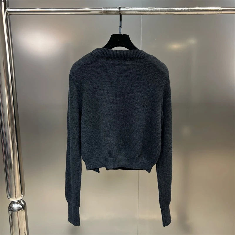Women Black Gothic O-Neck Pullover Hollow Out Knit Sweater Harajuku Y2k Long Sleeves Sweater Vintage 90s 2000s Aesthetic Clothes