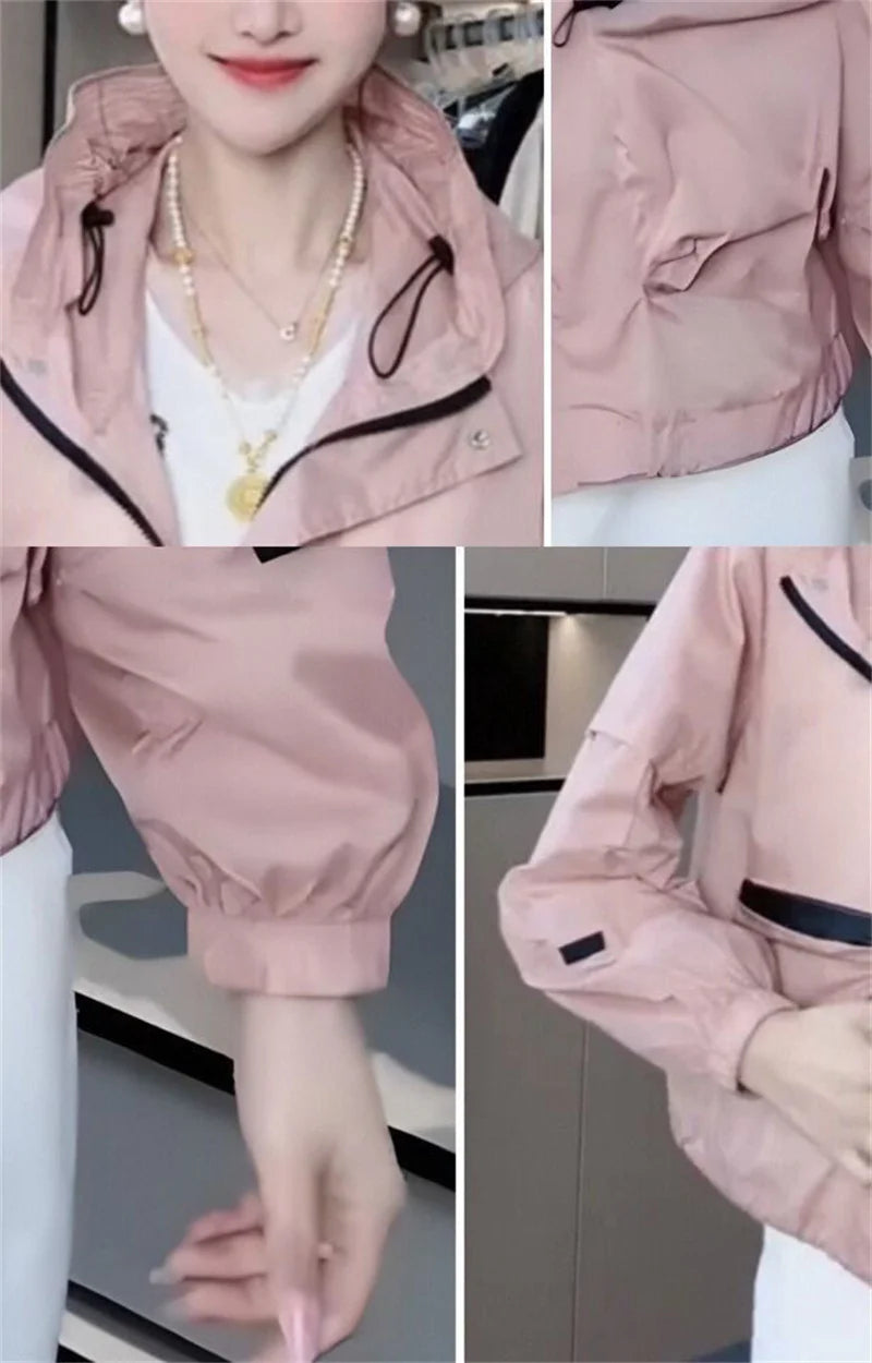 Spring and Autumn Lightweight Sunscreen Clothes for Women's Outdoor Wear 2025 White Hooded Loose Casual Summer Jacket Pink Orang