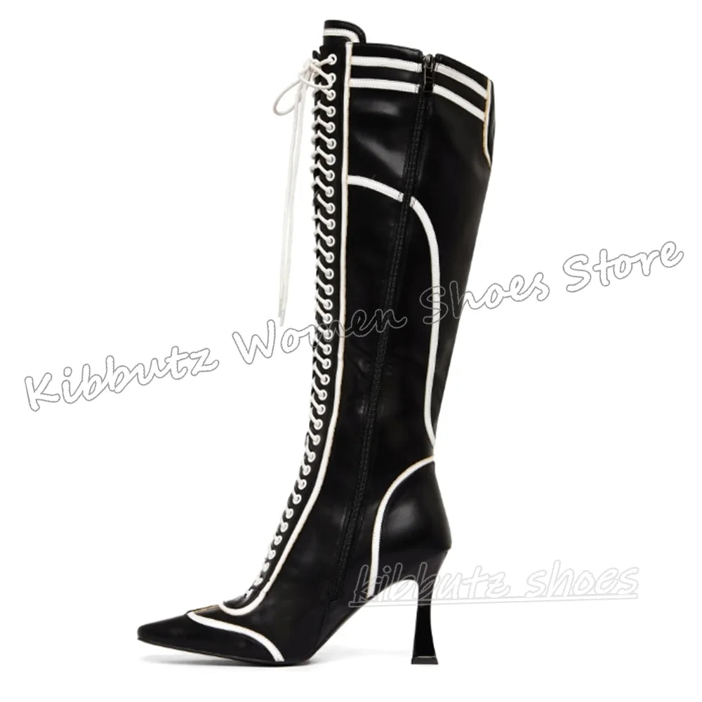 Sewing Knee High Boots Leather Lace-Up Patchwork Square Toe Kitten Heels Fashion Luxury Elegant Concise Sexy Women Shoes Newest