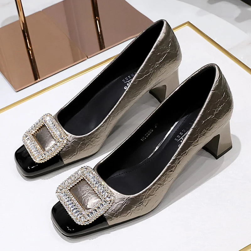 Elegant Crystal Detail Square Heel Pumps for Women