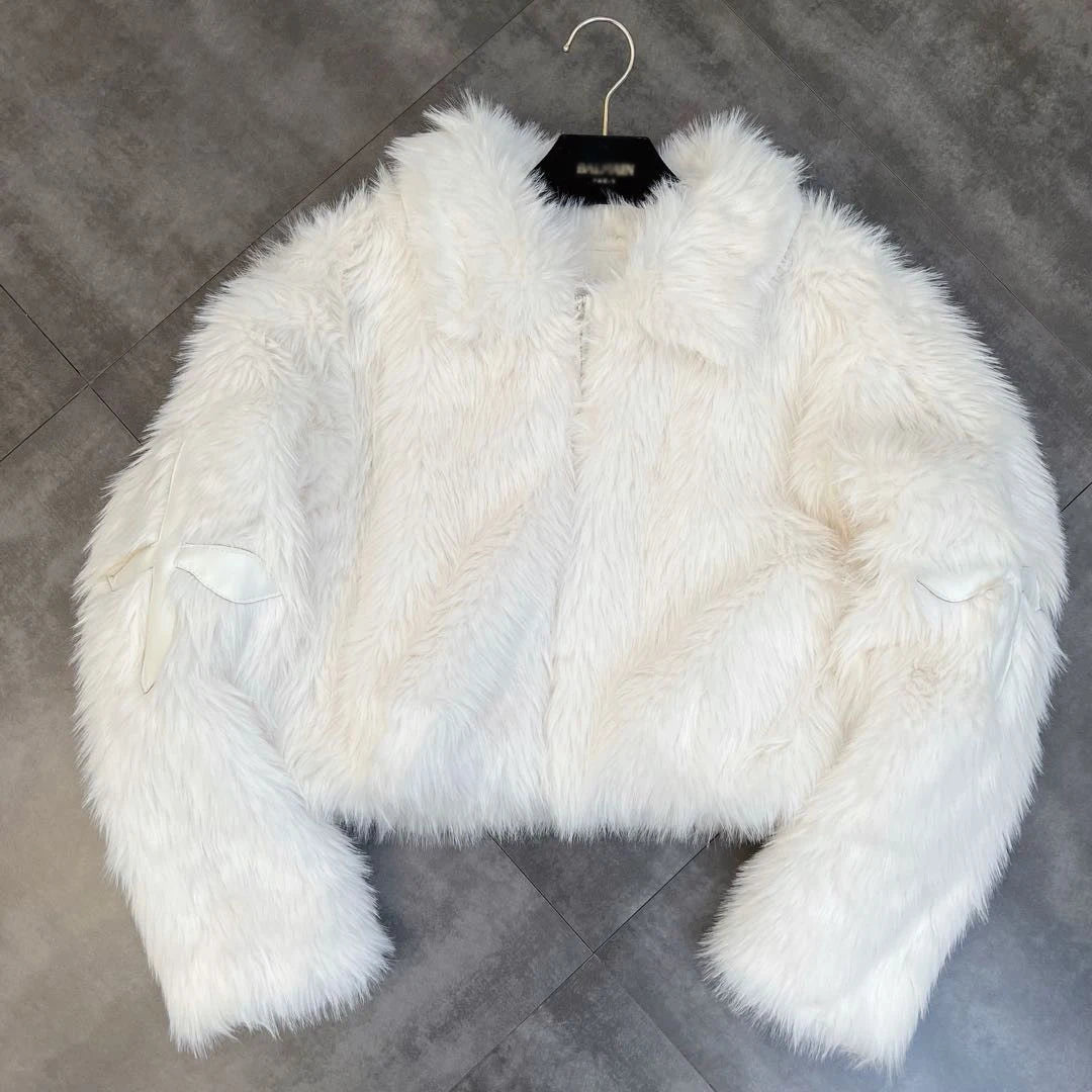2025 Winter Women Cotton Jacket Lapel Long Sleeve Patch Cross Short Fur Coat Black