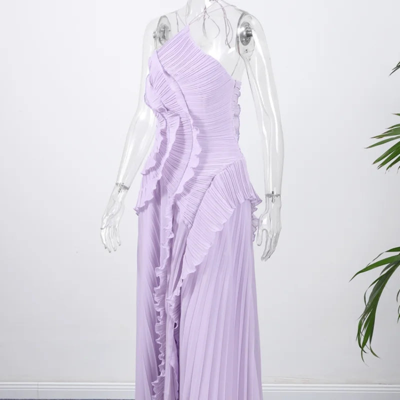 Chic Pleated Halter Neck Long Vacation Dress High Quality Purple Strapless Lotus Edge Maxi Dress 2025 New Lady Vacation Gown