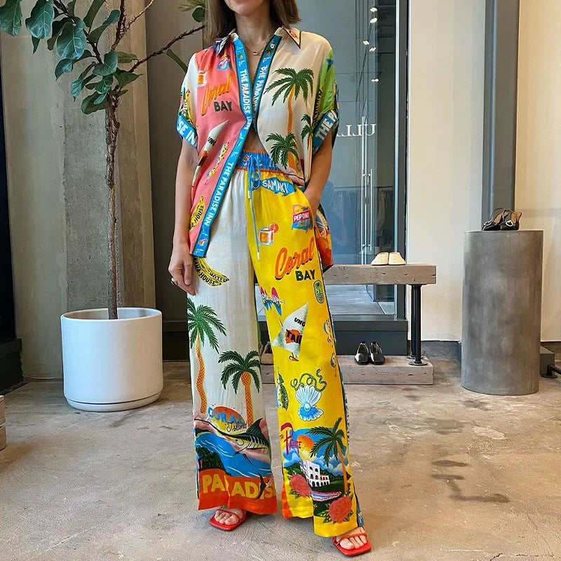 Long Sleeve Long Pant Sets Women Retro Lapel Single Breasted Blouses Trousers 2 Piece Set Printed Color-blocking Elastic Waist