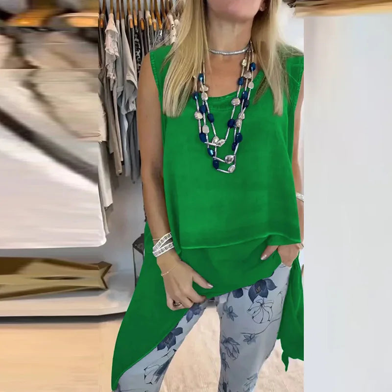 Casual Summer O-neck Multi-color Commuting Blouses Elegant High Street Loose Tees Simple Solid Color Hollow Sleeveless Vest Top