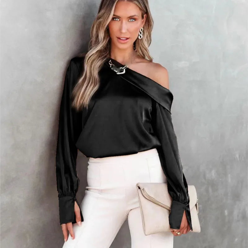 Women Fashion Sexy Slash Neck Satin Blouse Solid Color Long Sleeve Off Shoulder Office Shirt Lady Casual Loose Blouse Tops