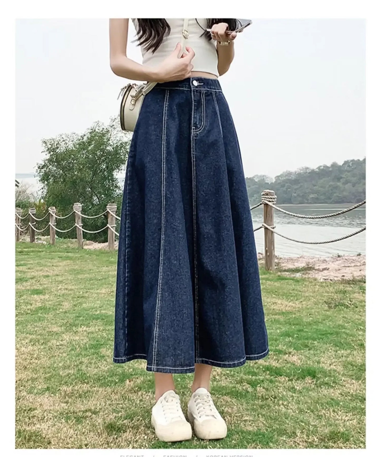 Fashionable Spring Medium-Length High-Waisted Jeans Long Dress Women's Elastic Waist A- Line Skirt Umbrella Skirt