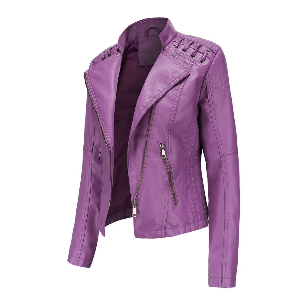 Spring Autumn Leather Jacket Women Slim Fit Motor Biker PU Leather Short Coat Stand Collar Ladies Zipper Outerwear 2024 New
