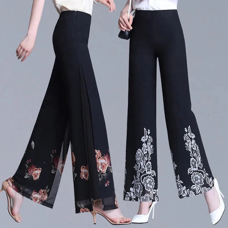 Double Layer Printed Chiffon Wide Leg Pants For Women's Summer New High Waisted Loose Dance Swing Pants Drooping Skirt Pants LA