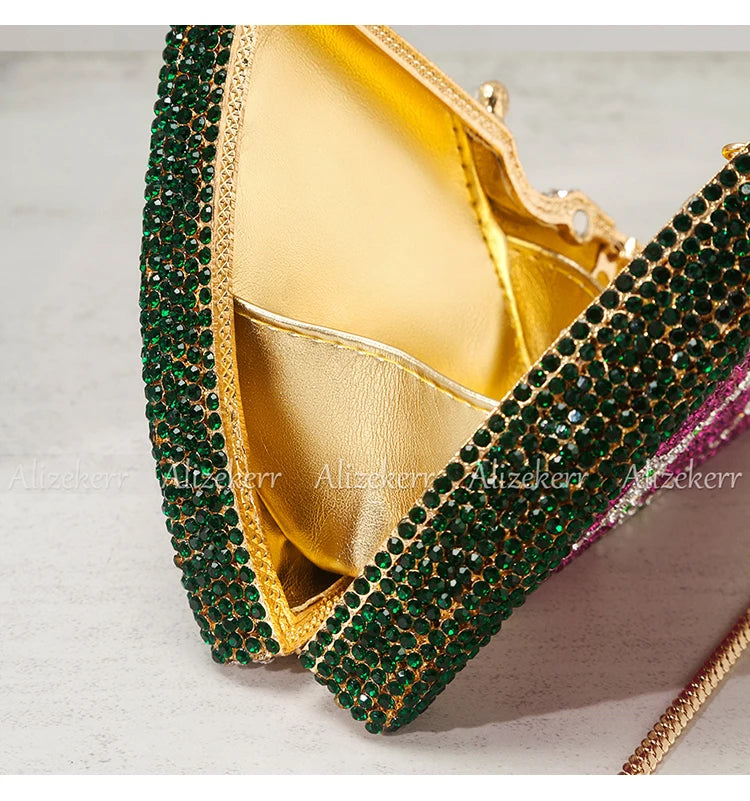 Alizekerr Pizza Shaped Diamond Evening Clutch Bags 2024 New Gorgeous Unique Metallic Watermelon Rhinestone Purses Wedding Party