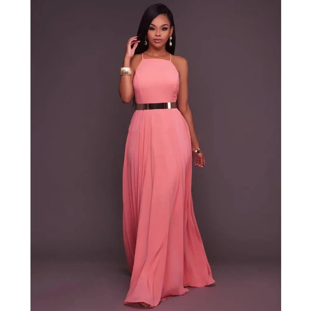 Fashion Women Summer Sleeveless Strap O neck Boho Dress Casual Long Maxi Evening Party Beach Backless Dress Sundress