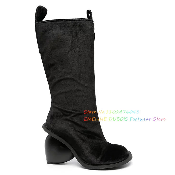 Black Leather Side Zip High Heart-Shaped Heel Knee High Boot Women Square Toe Double Pull-Tab Retro Long Boot for Ladies