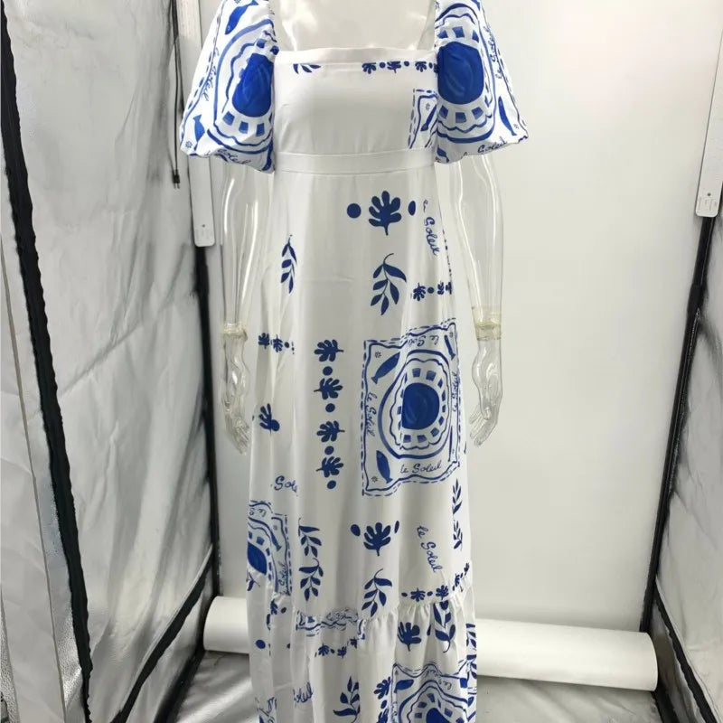 Summer Dress Elegant Women Flower Printed Maxi Dress High Waisted Short Sleeve Square Collar 2025 Summer Fashion Holiday Dresses