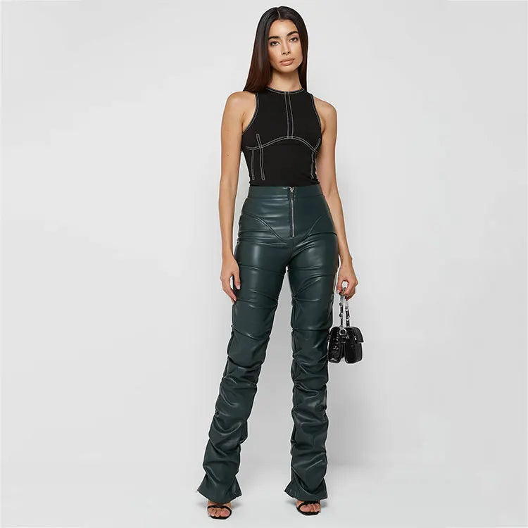 Women's Pants Wholesale Items High Waist Pu Leather Black Wide Leg Pants for Women Casual Fashion Loose Streetwear Trouser Femme
