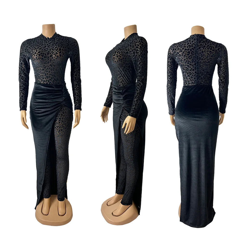 CM.YAYA Women's Set Leopard Velvet Long Sleeve Jumpsuits +Long Skirts 2025 Spring Streetwear Sexy Party Two 2 Piece Sets Outfits