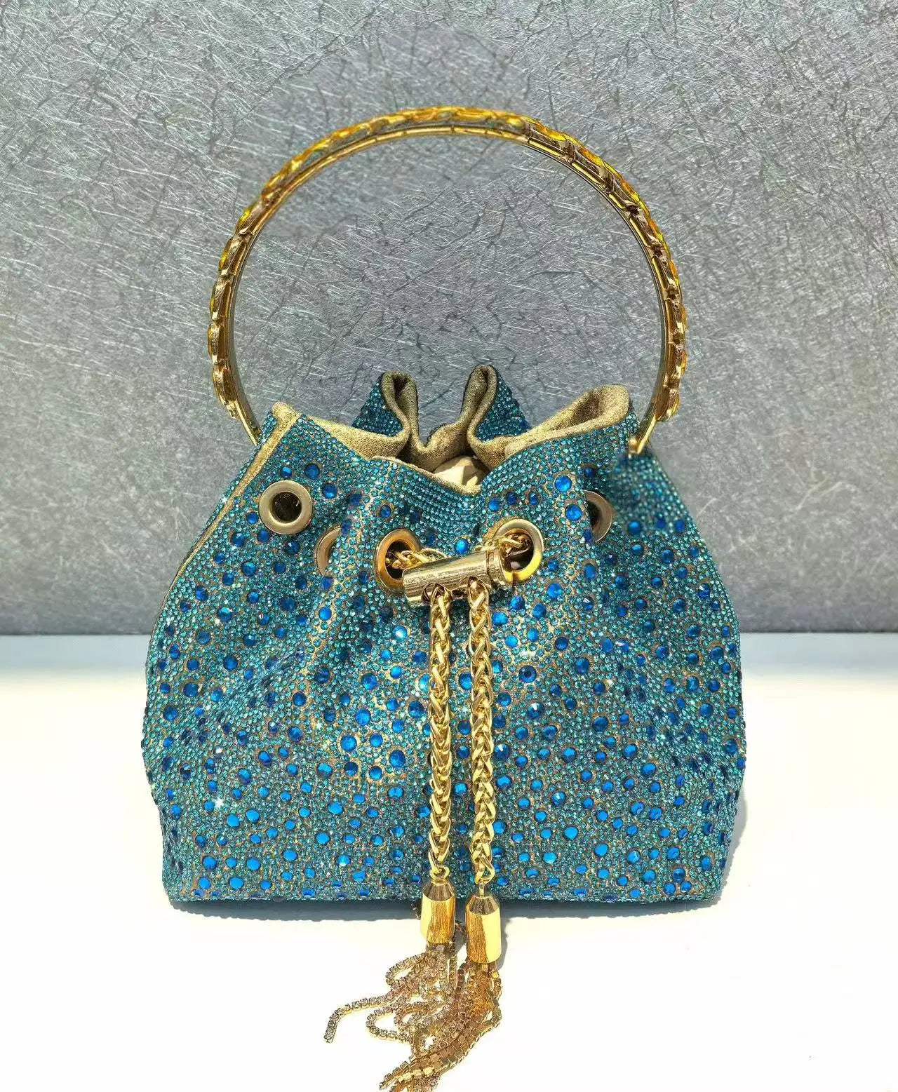 Crystal Shiny Diamonds Bucket Bag Fashion Women Handbag Metal Ring Handle Evening Bag Wedding Party Clutch Purse Crossbody Bag