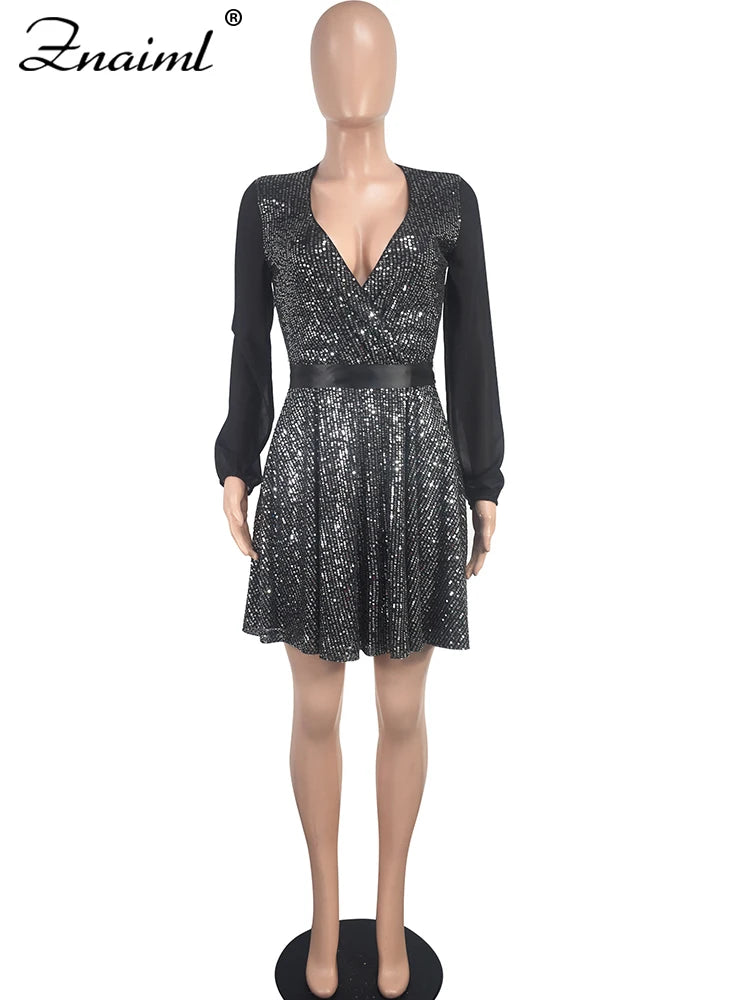 Znaiml Luxury Black Sequin Mesh Patchwork Long Sleeve V-Neck Loose Short Dress Elegant Birthday Party Women Clothing Clubwear