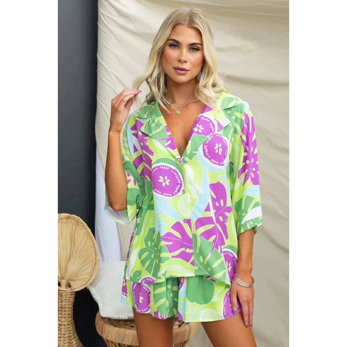 Summer Women Retro Print Short Sleeve 2PCS Loose Suits Casual V-Neck Shirt Top Elastic Waist Short Pants Sets Beachwear
