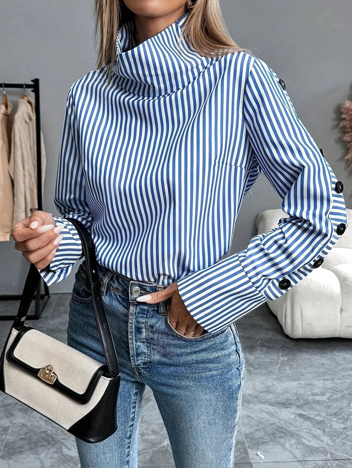 Spring Shirt New Stripe Long Sleeved Top For Women Elegant Office Lady Spliced buttons Pullover Woman Blouse 2025 Blusas