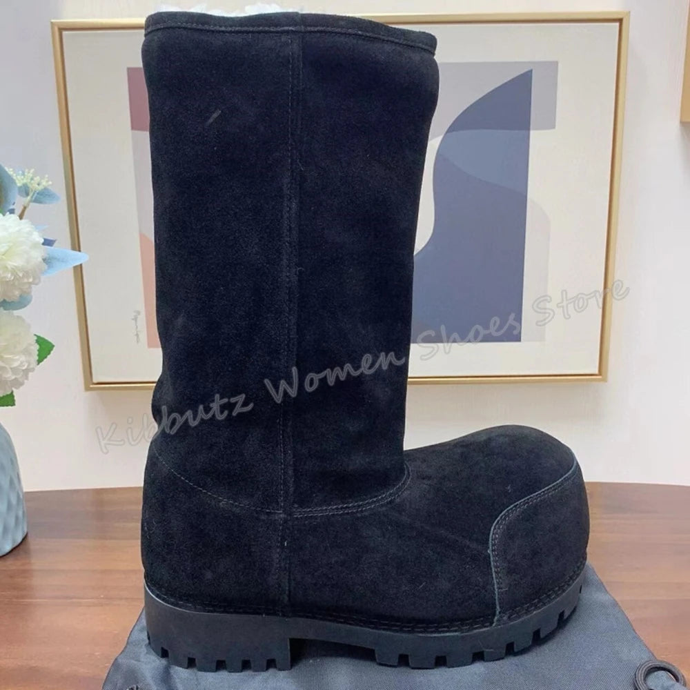 Suede Warm Winter Snow Boots Knee High Big Round Toe Flat With Outdoor Fashion Concise Luxury Sexy Novelty Slip-On Shoes Newest