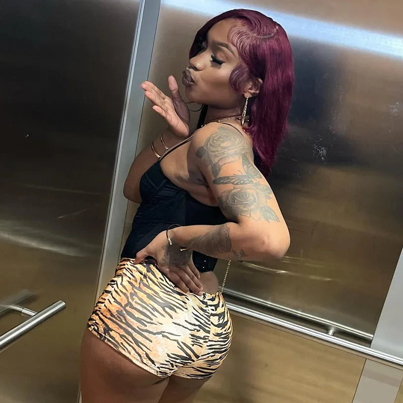Joskaa Tiger Stripe Print Shorts Women Hipster Sexy Low Rise Bandage Hot Pants 2025 Summer Holiday Party Club Bottoms Streetwear