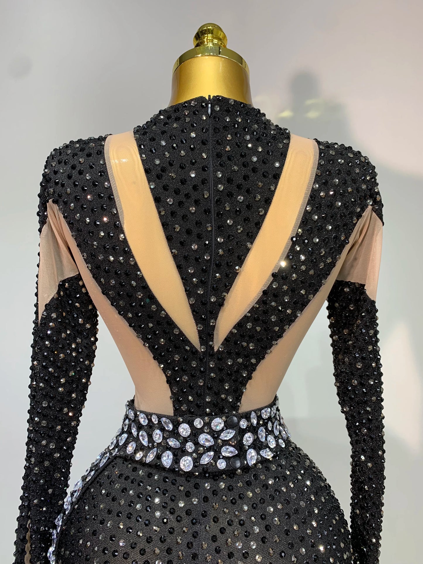 Sexy Sparkly Diamond Black Long Sleeves Bodycon Mesh Jumpsuit Evening Party Nightclub Bar Singer Performance Stage Costume