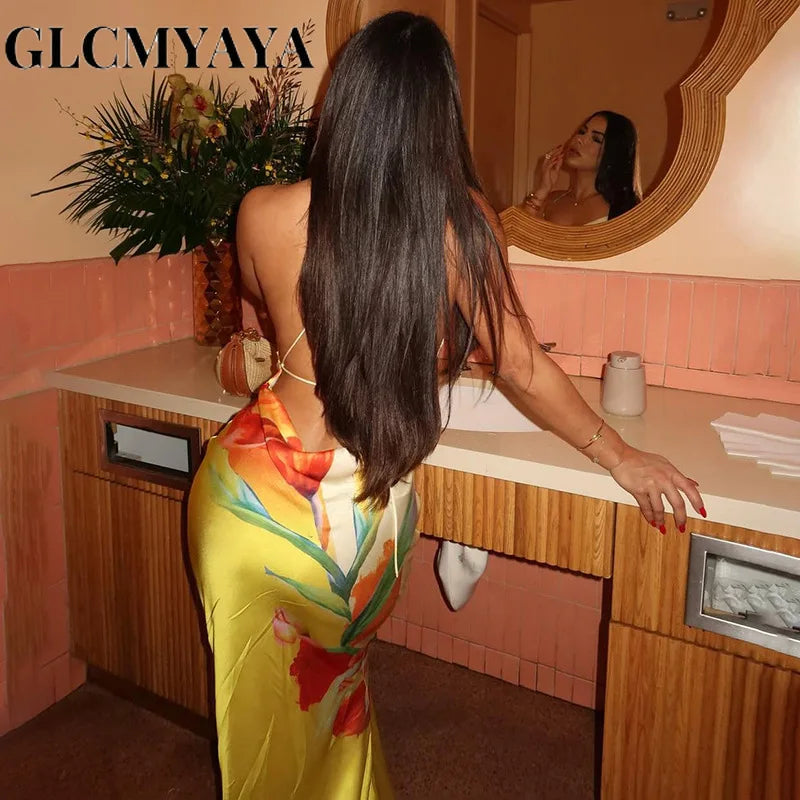 GLCMYAYA Women Floral Printed Bodycon Midi Backless Satin Maxi Long Dress 2025 Vacation Holiday Party Birthday Dresses Vestidos