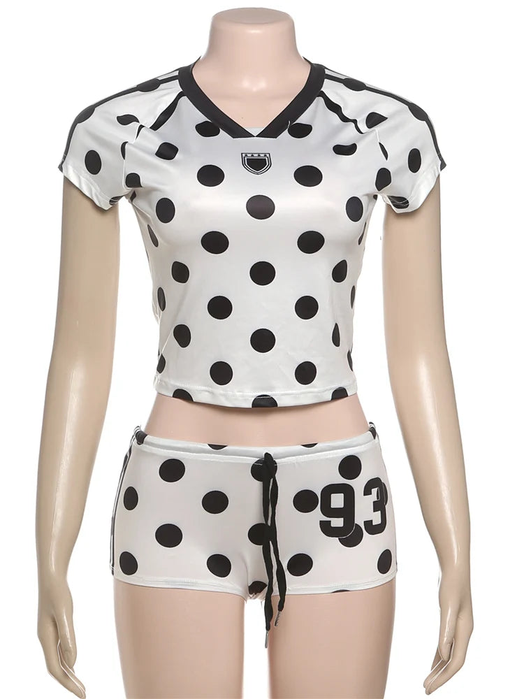 Weird Puss Dot Digit Print 2 Piece Set Women Casual Sporty Hipster Crop Tops+Shorts Matching Streetwear Skinny Stretch Tracksuit